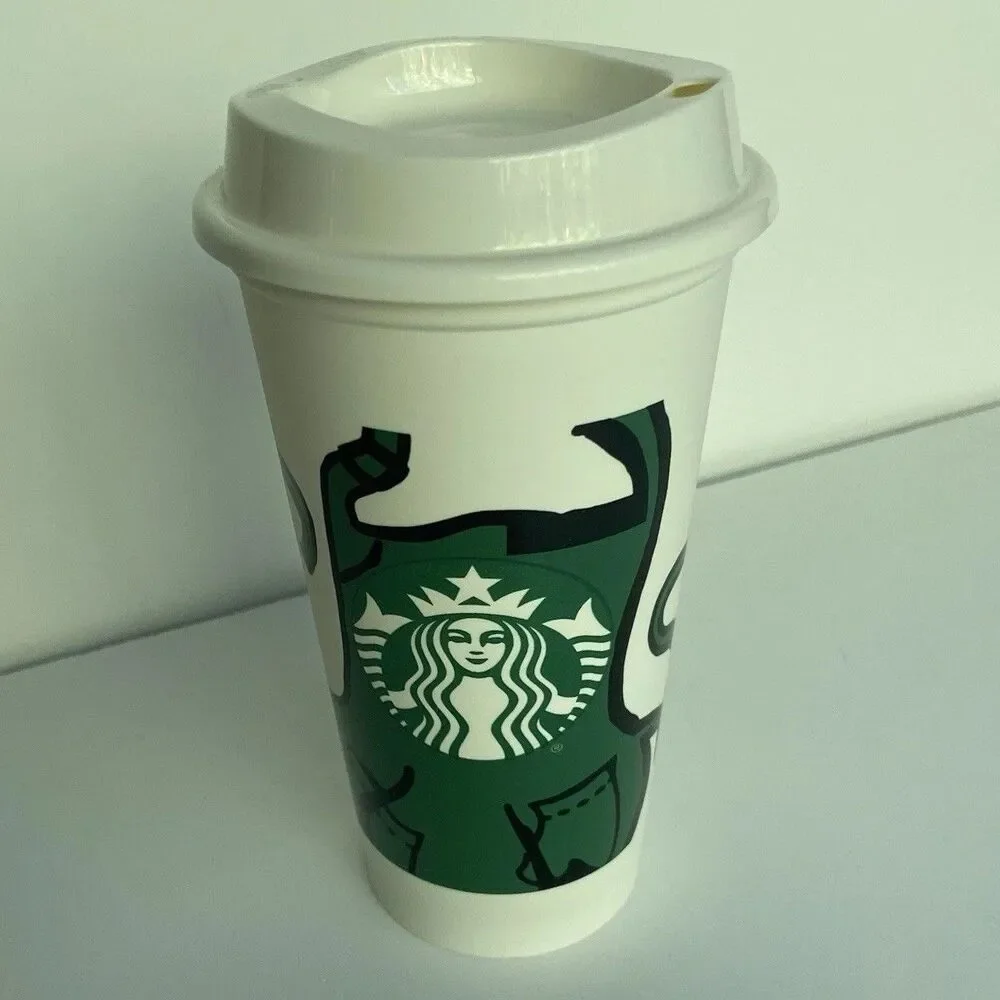 2012 Starbucks Green Apron Reusable Plastic 16 Oz Travel Cup Tumbler Mug